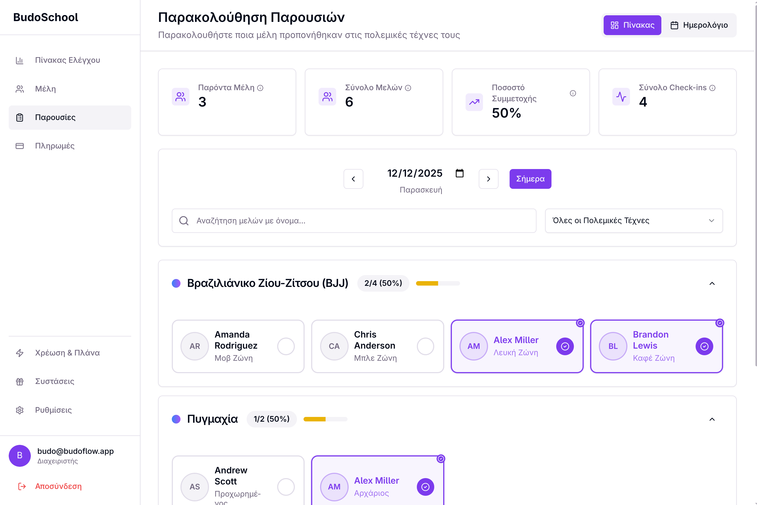 Διεπαφή παρακολούθησης παρουσιών BudoFlow με ημερολόγιο και γρήγορες λειτουργίες σήμανσης