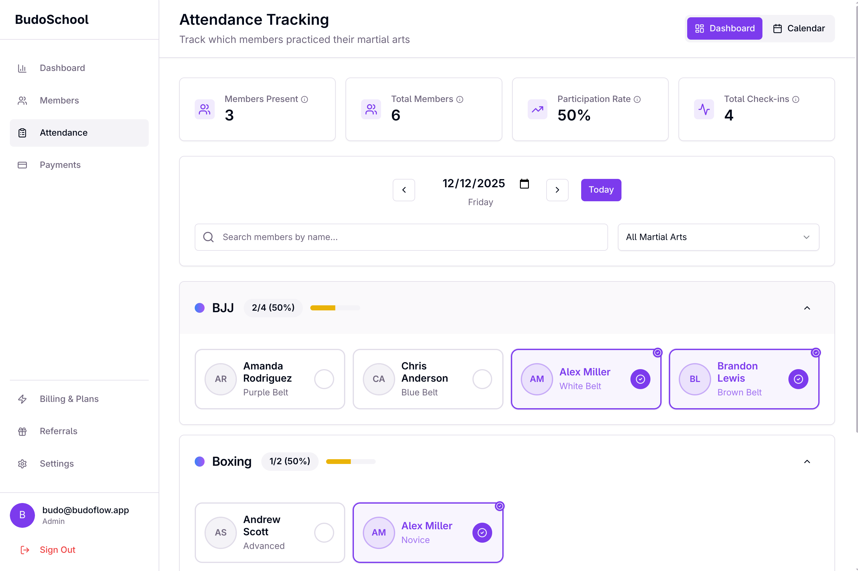 BudoFlow attendance tracking interface with calendar and quick marking features