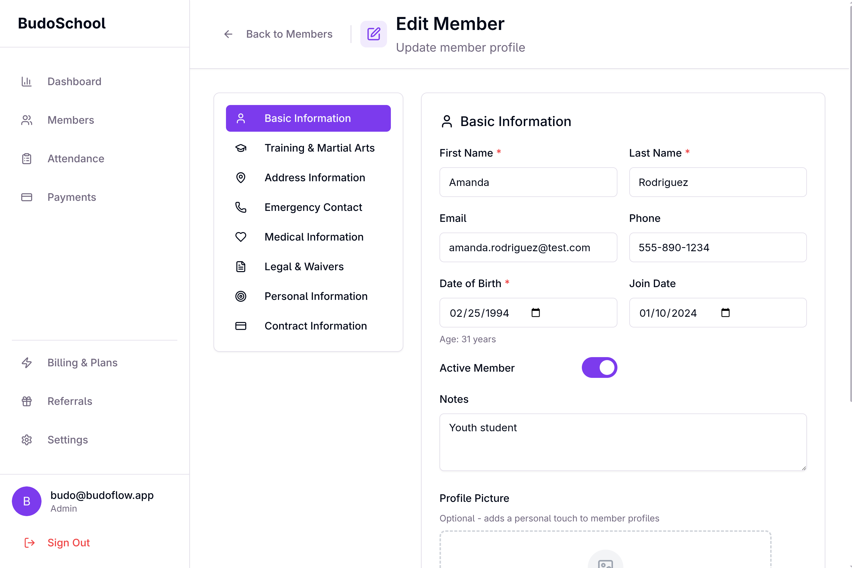 BudoFlow member profile interface showing comprehensive student information and management options